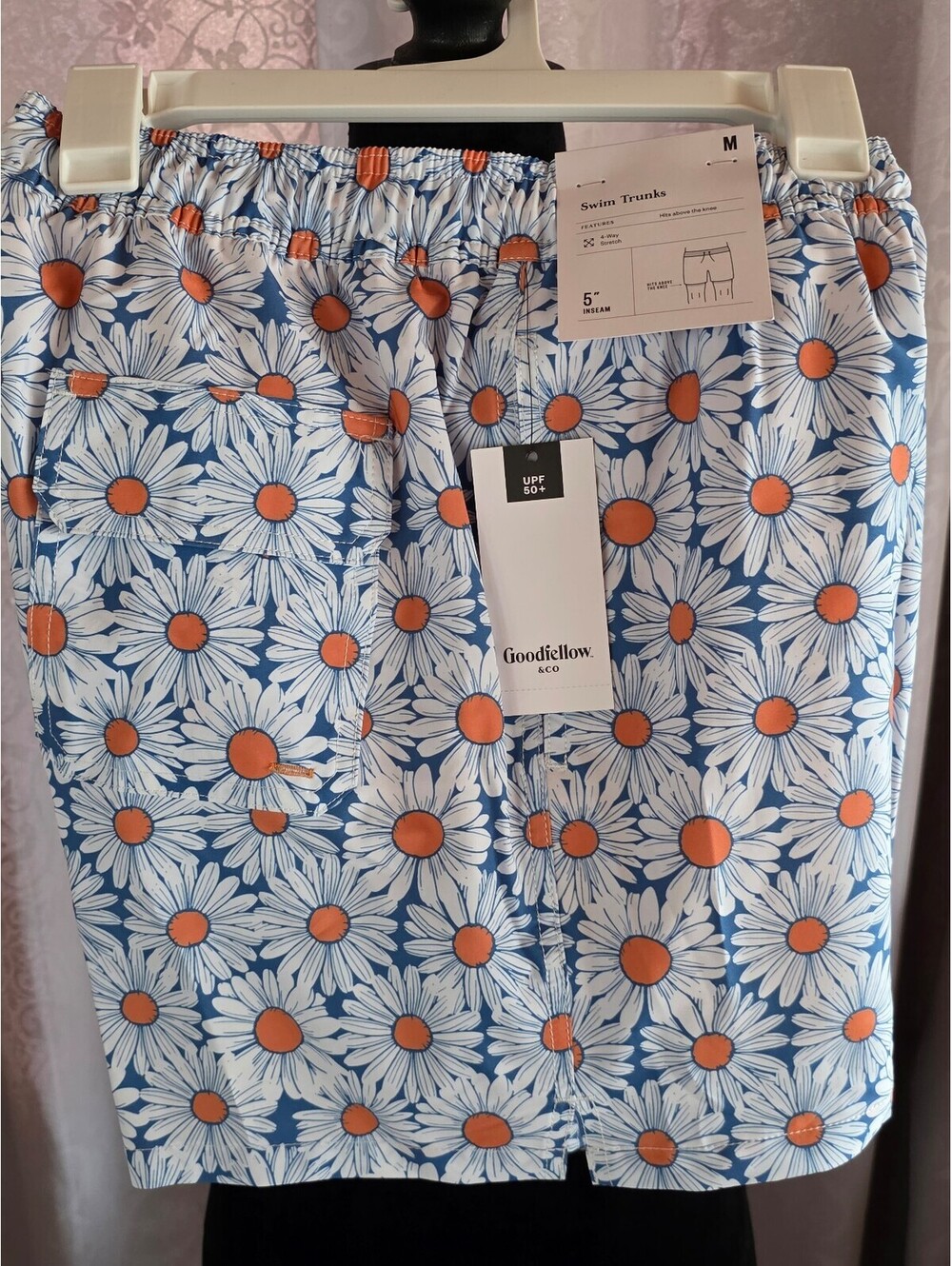 Men's 5' Daisy Swim Trunks - Goodfellow & Co- Blue Daisy - MED-BNWT